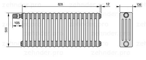 Схема (чертеж) Радиатор Zehnder Charleston 4050/18 №V012 Белый глянцевый RAL 9016